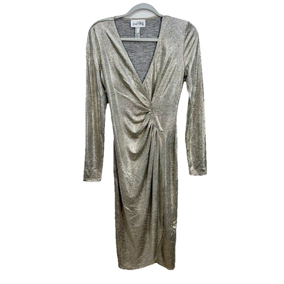 Joseph Ribkoff Metallic Wrap Dress Size 4 Silver Long Sleeve Ruched Midi V-Neck - Picture 1 of 14